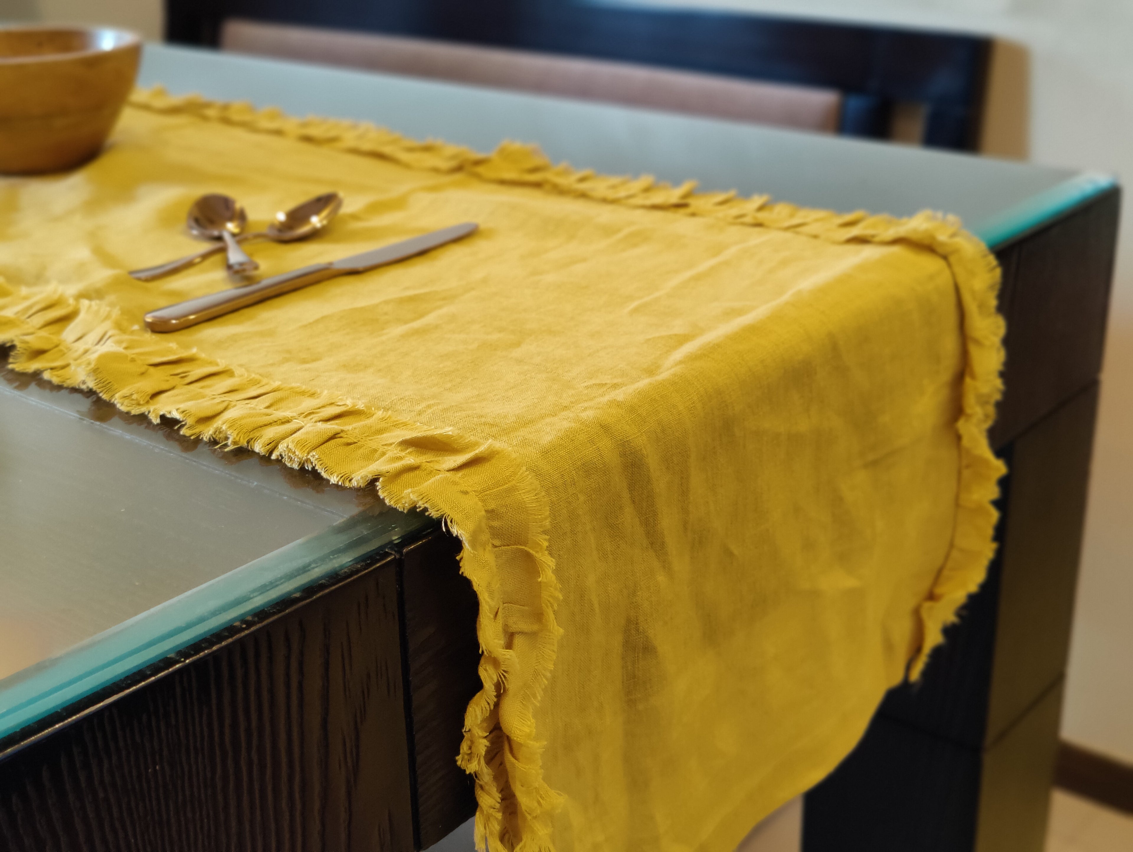 Mustard Yellow Ruffled Linen Dining Set – Runner, Napkins & Placemats
