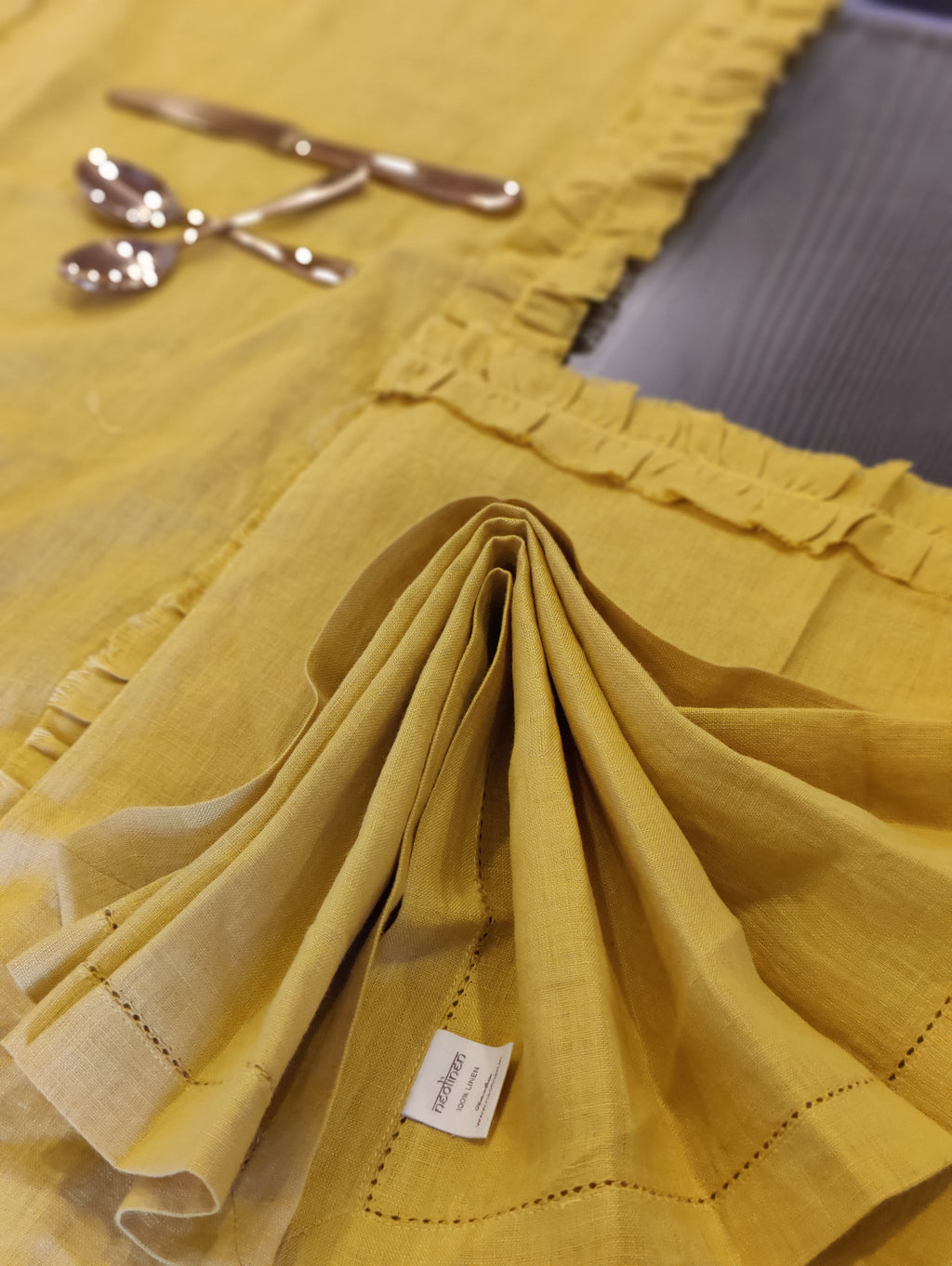 Mustard Yellow Ruffled Linen Dining Set – Runner, Napkins & Placemats