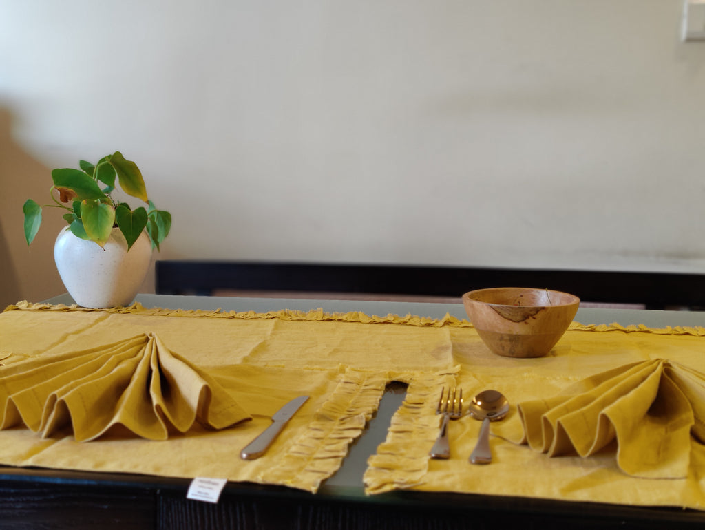 Mustard Yellow Ruffled Linen Dining Set – Runner, Napkins & Placemats
