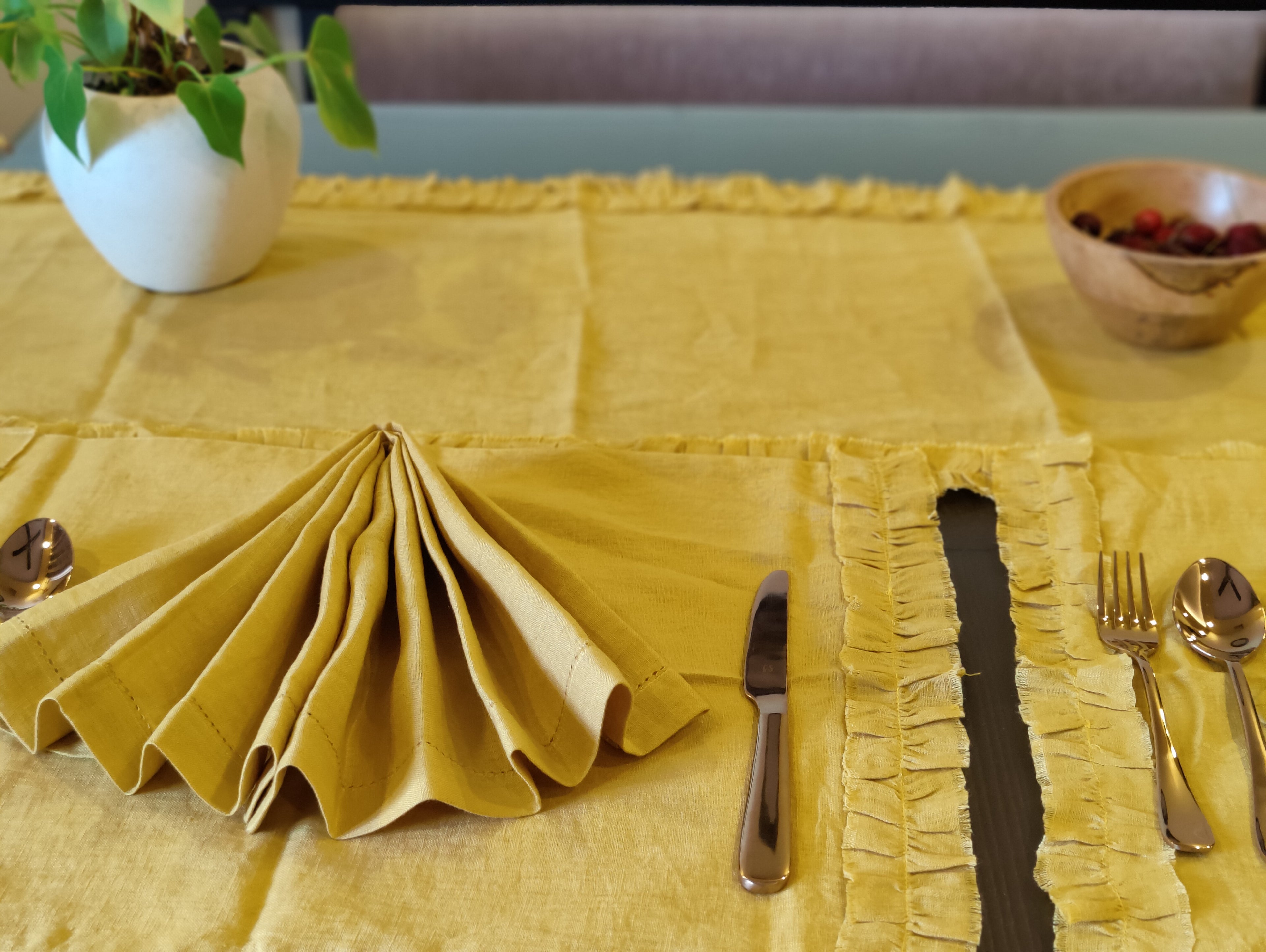 Mustard Yellow Ruffled Linen Dining Set – Runner, Napkins & Placemats