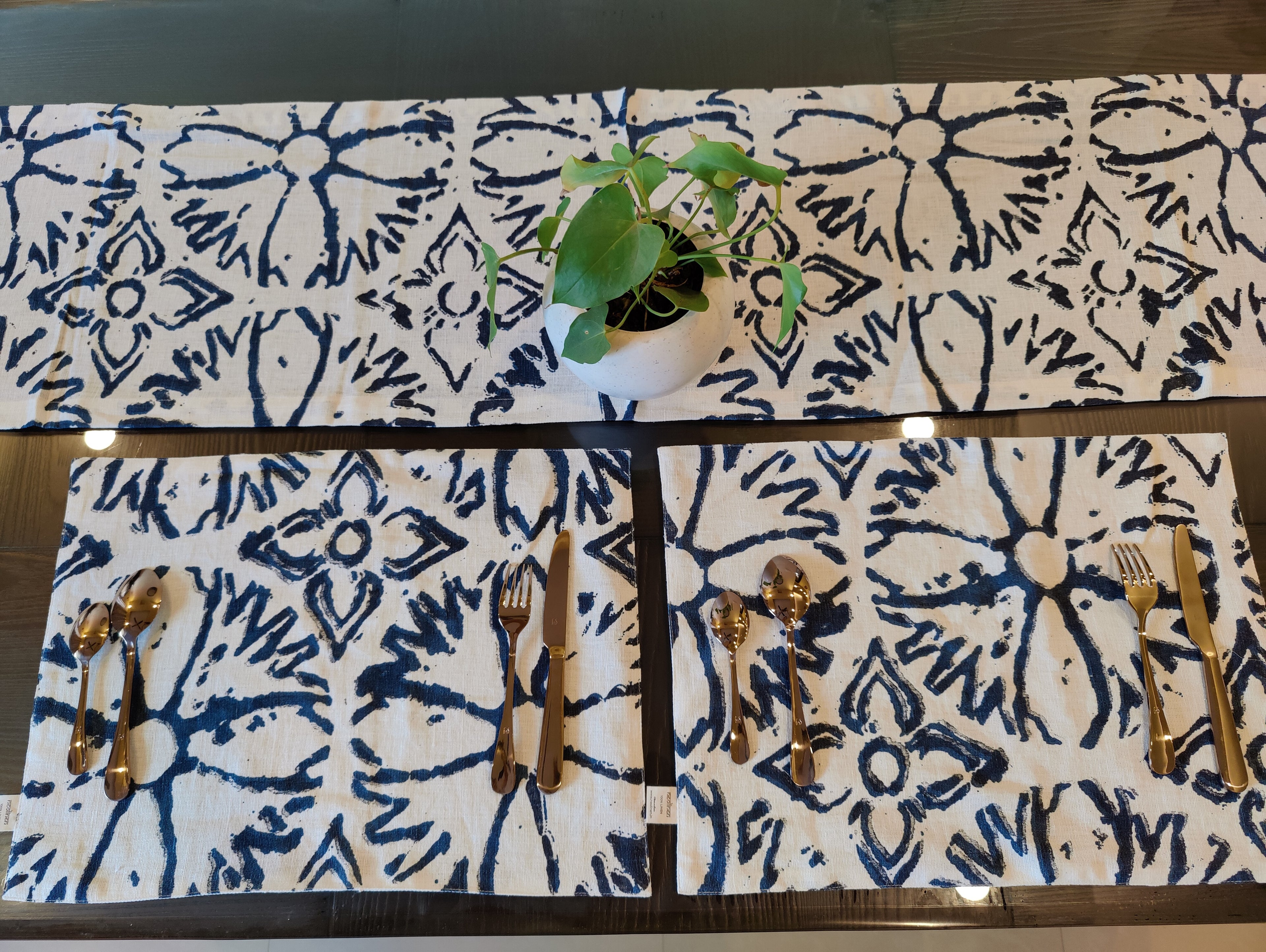 Blue & White Printed Linen Table Set – Runner & Placemats