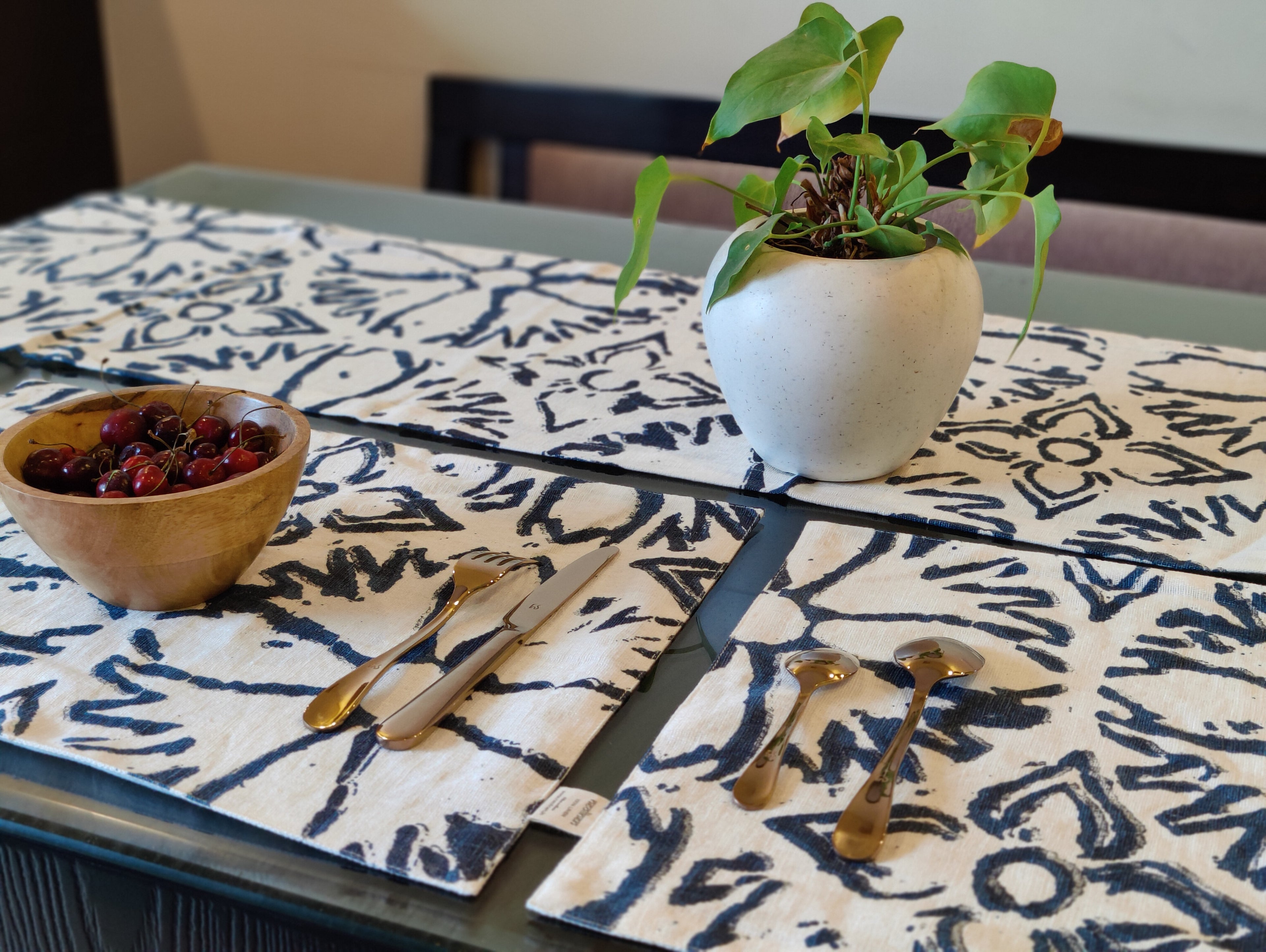 Blue & White Printed Linen Table Set – Runner & Placemats