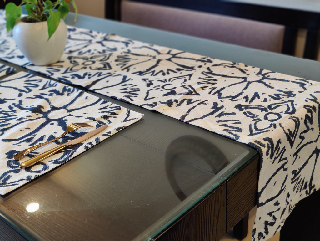 Blue & White Printed Linen Table Set – Runner & Placemats