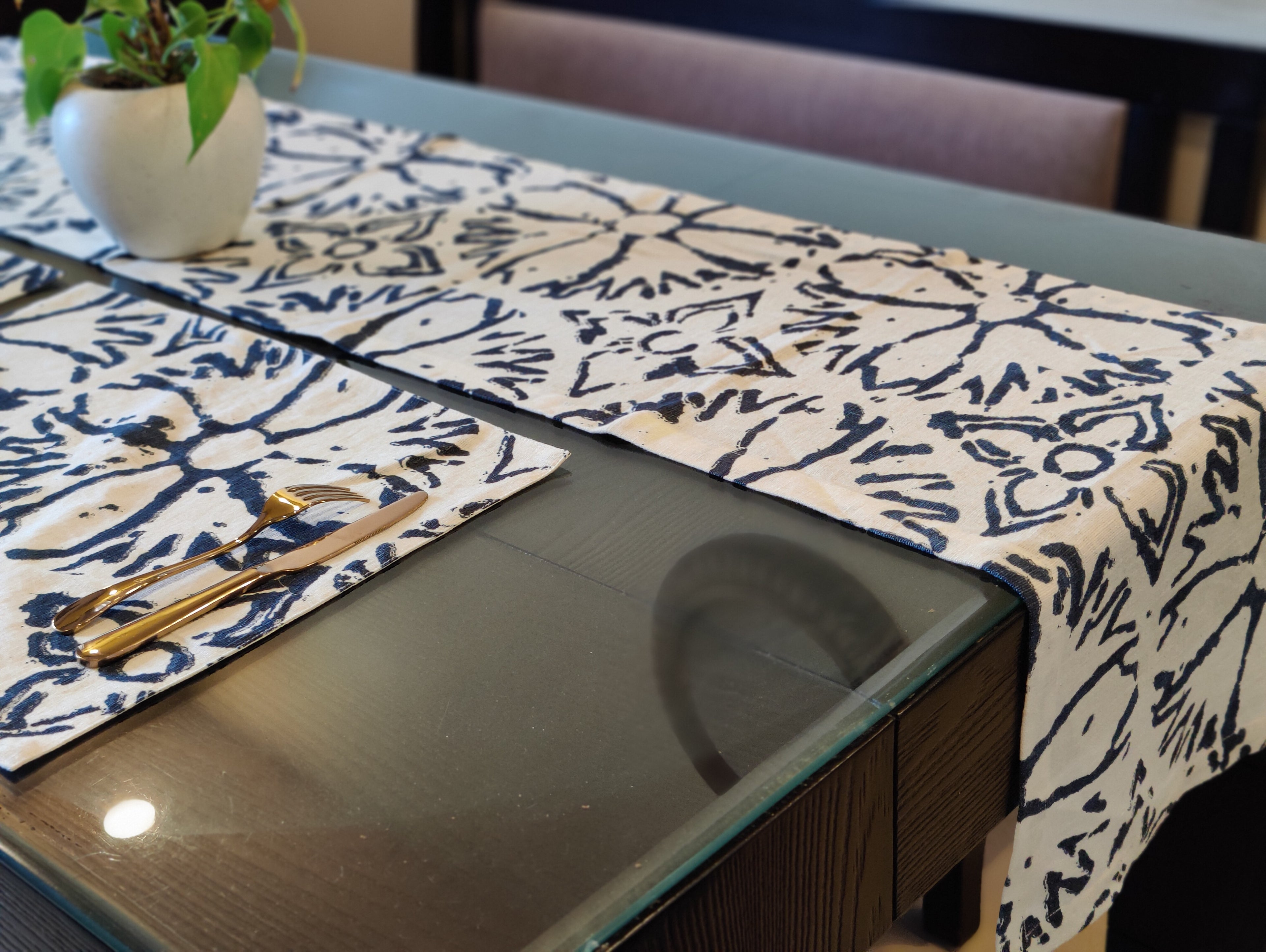 Blue & White Printed Linen Table Set – Runner & Placemats