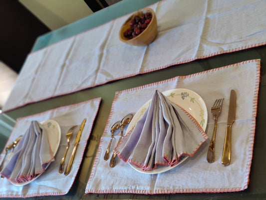 Table Linen Set, Table Runner (1), Napkins (4), TableMat (4), Lavender Hand Embroidered / Side Embellished / Dining Linen Set