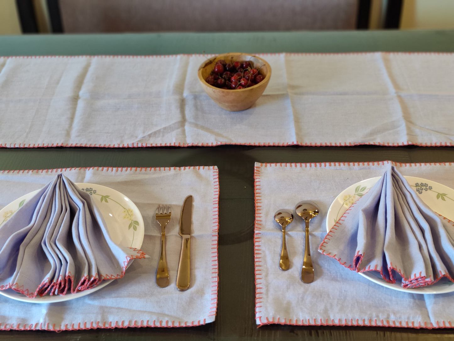 Table Linen Set, Table Runner (1), Napkins (4), TableMat (4), Lavender Hand Embroidered / Side Embellished / Dining Linen Set