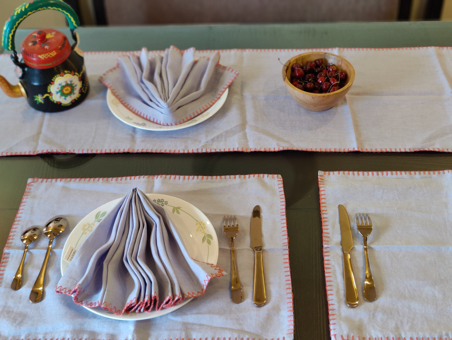 Table Linen Set, Table Runner (1), Napkins (4), TableMat (4), Lavender Hand Embroidered / Side Embellished / Dining Linen Set