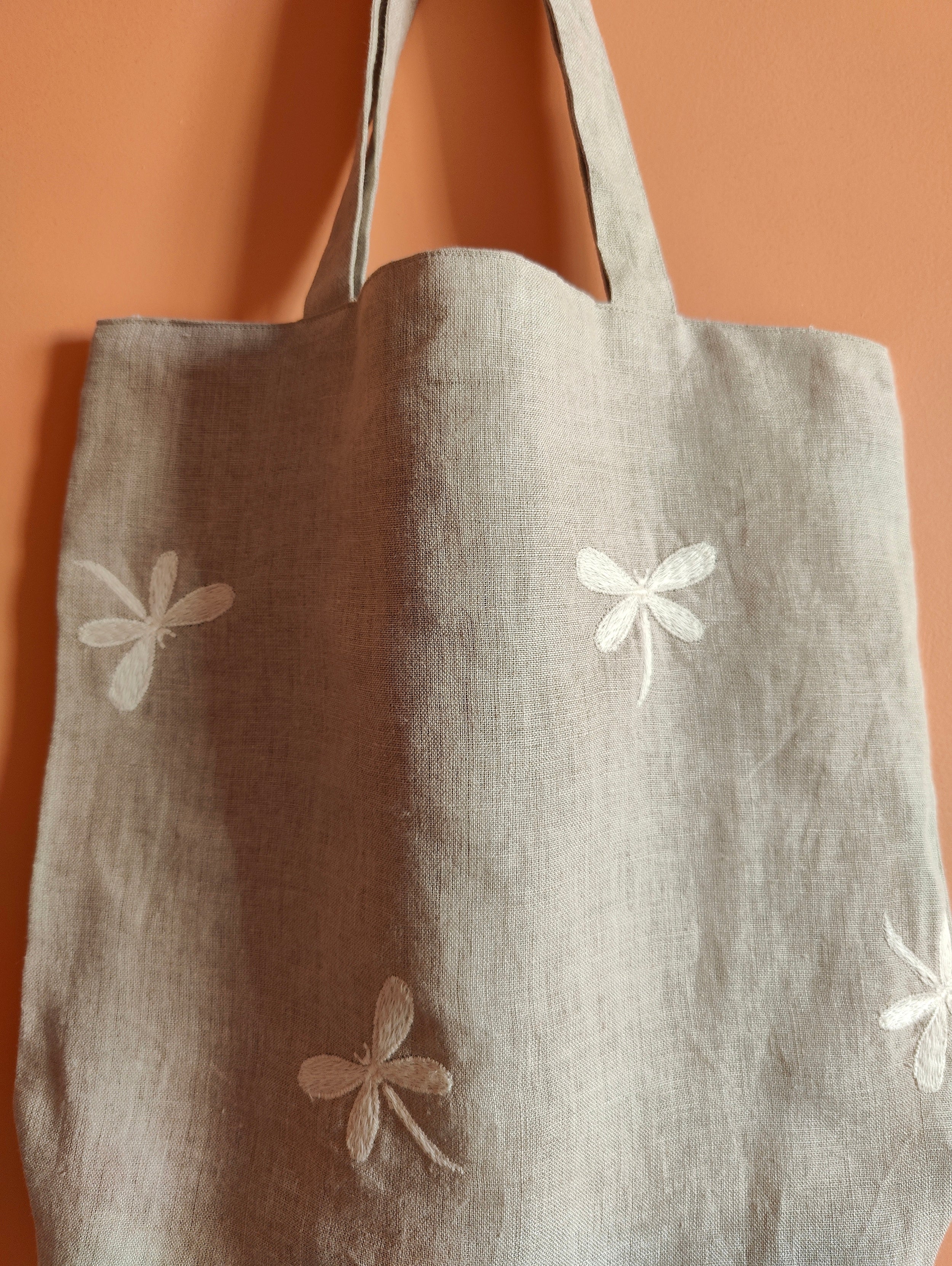Dragon Embroidery Linen Tote Bag – Natural Grey