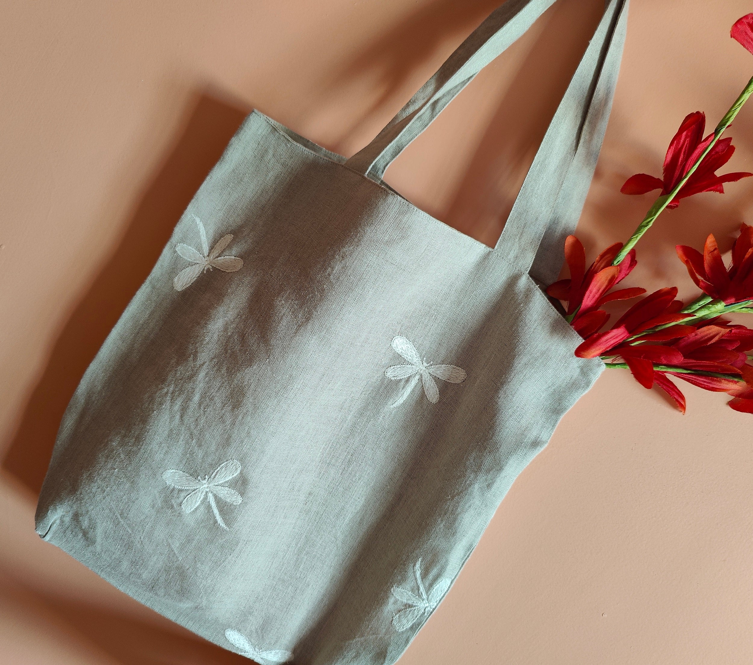 Dragon Embroidery Linen Tote Bag – Natural Grey