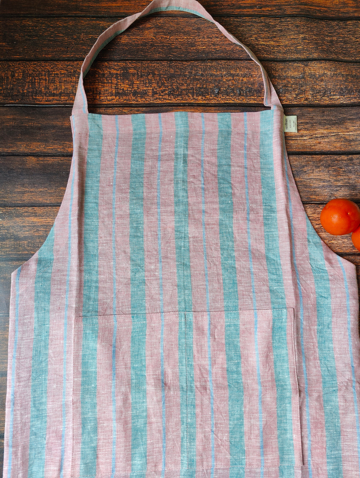 Pinafore Linen Apron with Pocket – Pink & Blue Stripe