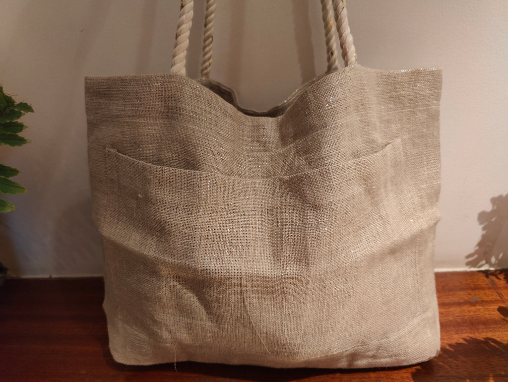 Grey Linen Tote Bag with Lurex Shimmer & Pocket