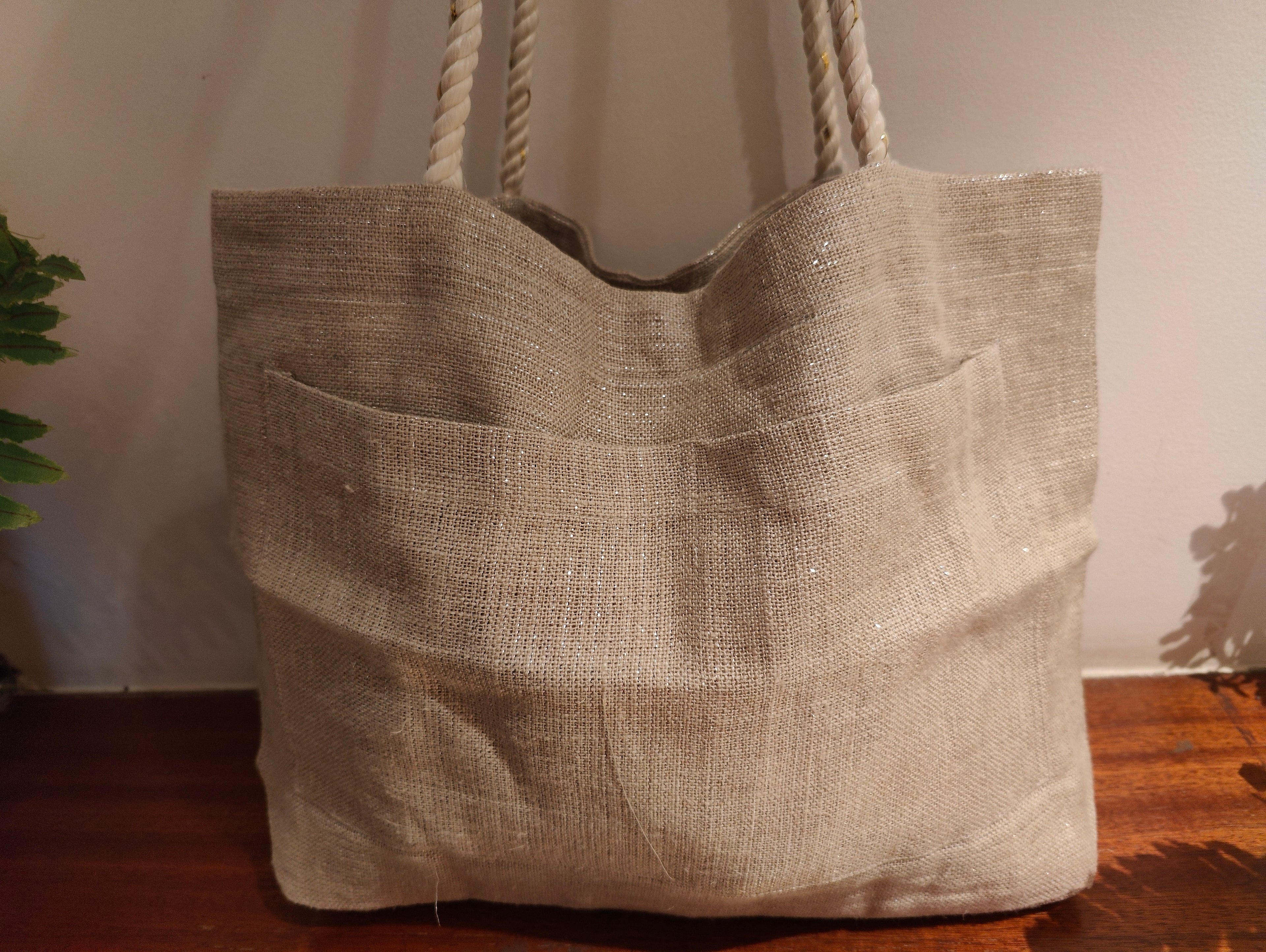 Grey Linen Tote Bag with Lurex Shimmer & Pocket