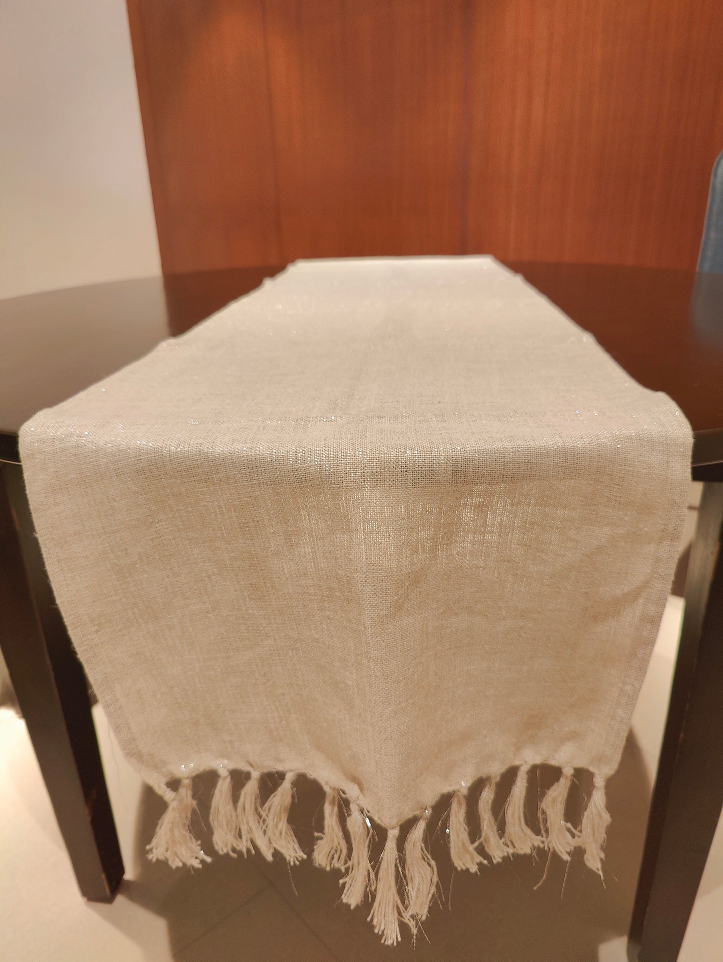 Linen Beige Long Table Runner With Tassels, Designer Elegant Shimmer Lurex Table Runner