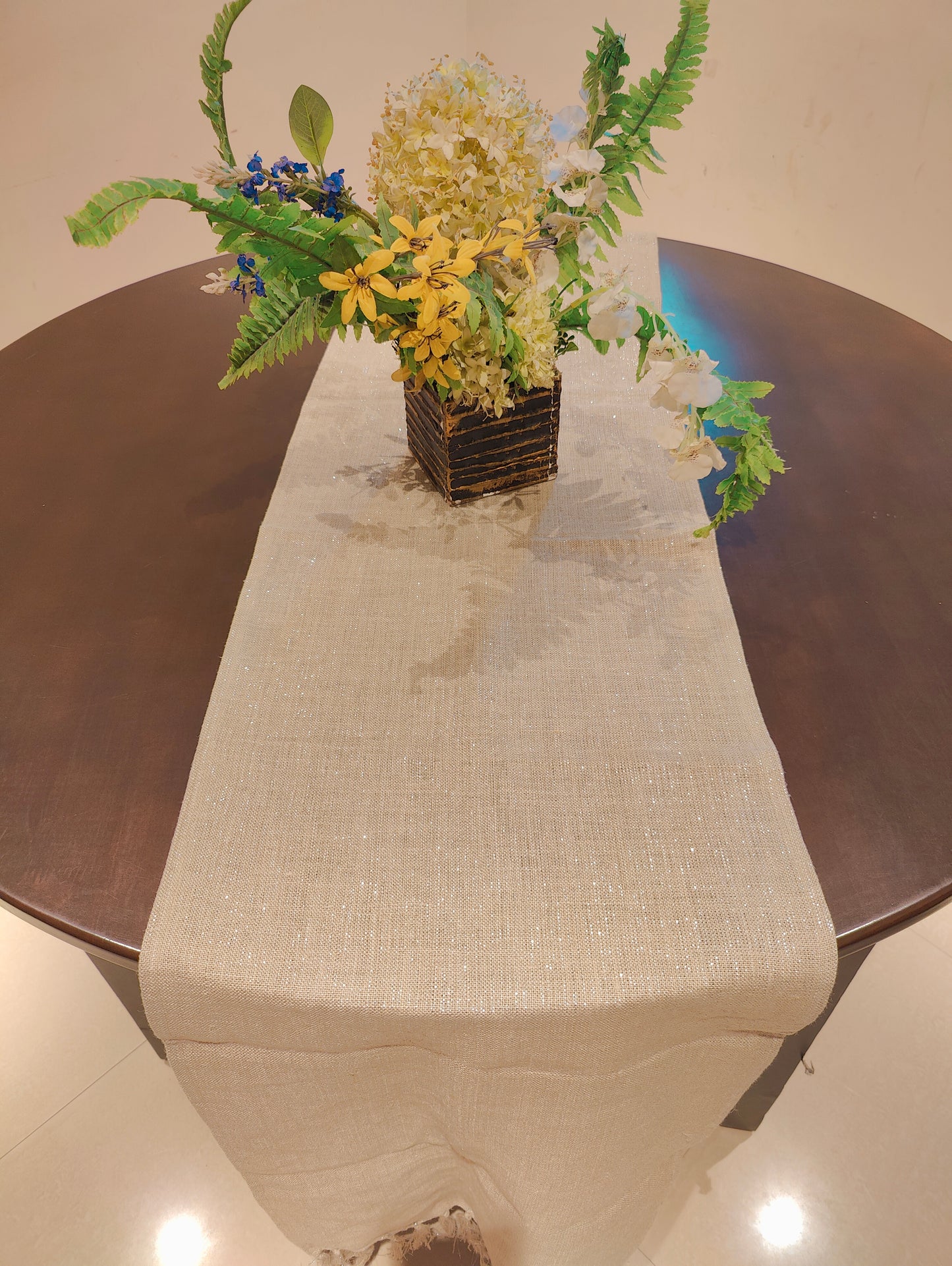 Linen Beige Long Table Runner With Tassels, Designer Elegant Shimmer Lurex Table Runner