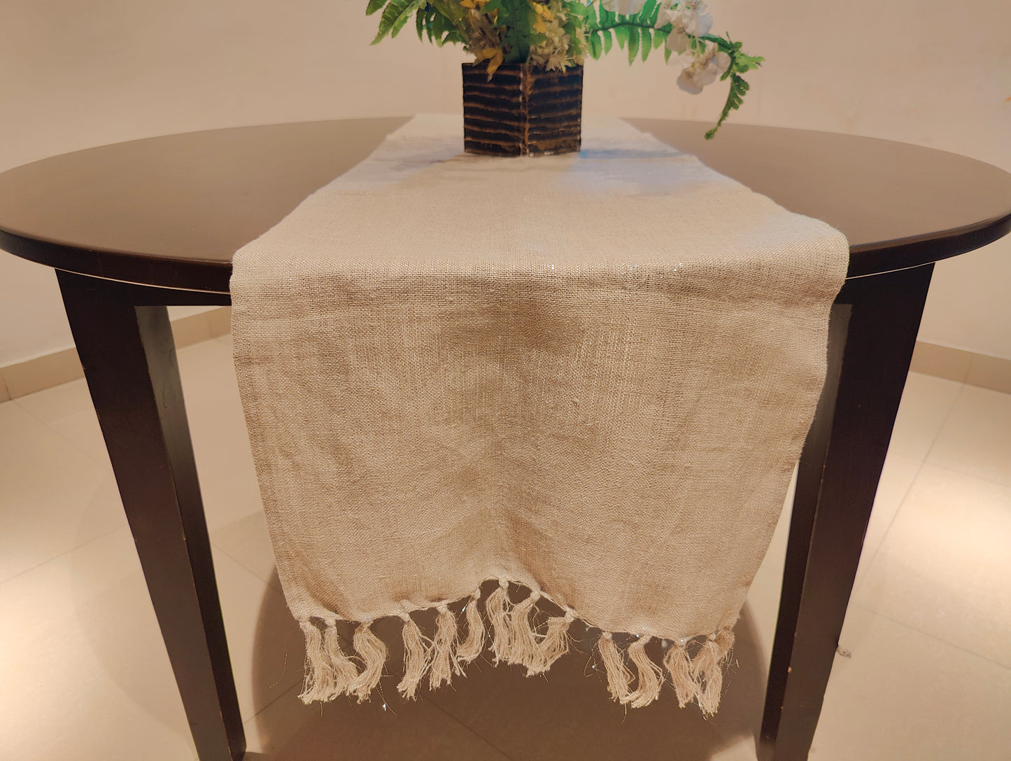 Linen Beige Long Table Runner With Tassels, Designer Elegant Shimmer Lurex Table Runner