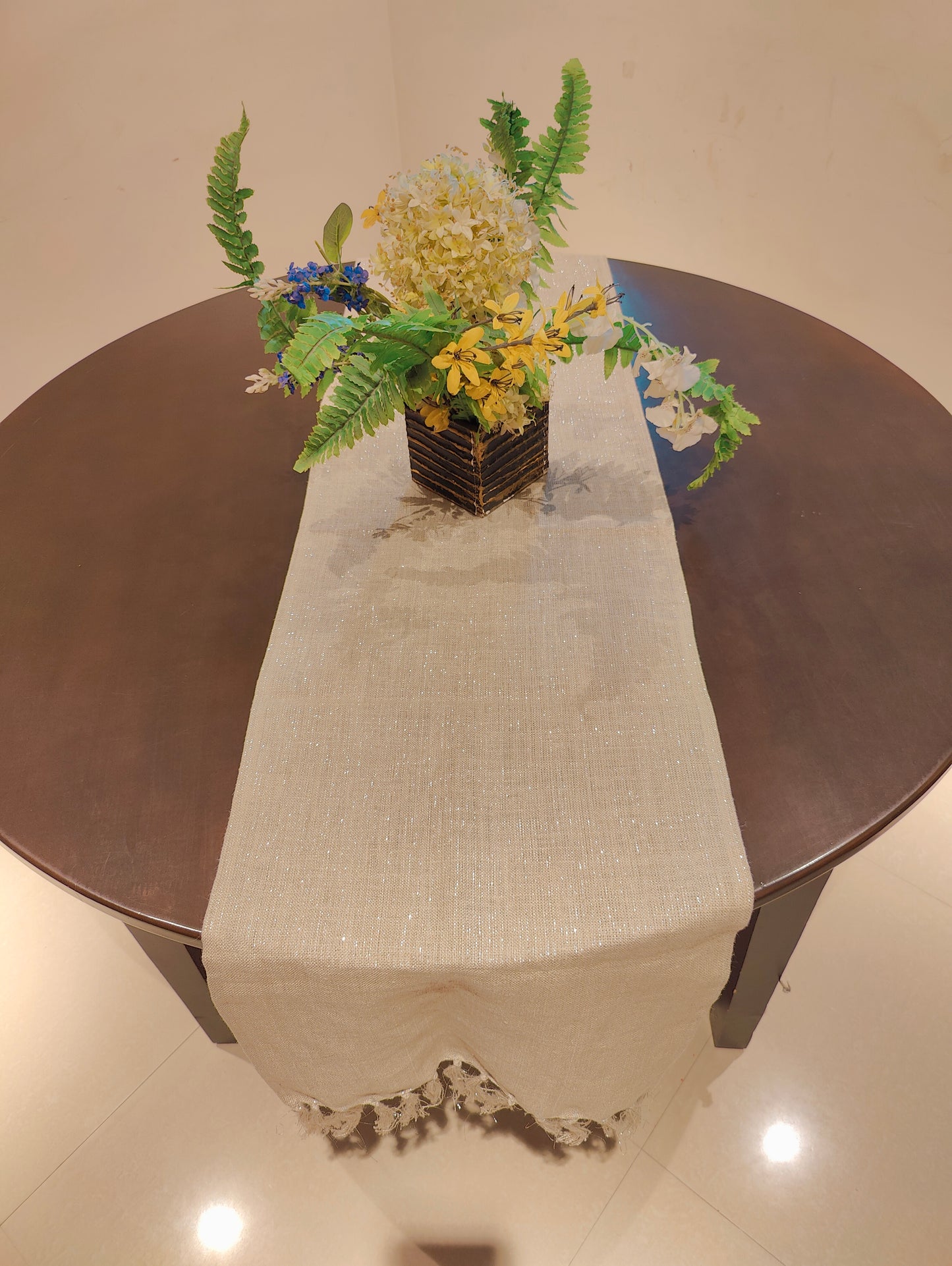 Linen Beige Long Table Runner With Tassels, Designer Elegant Shimmer Lurex Table Runner