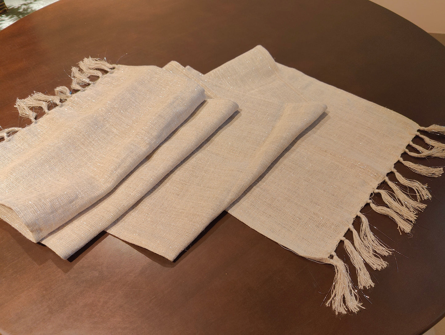 Linen Beige Long Table Runner With Tassels, Designer Elegant Shimmer Lurex Table Runner