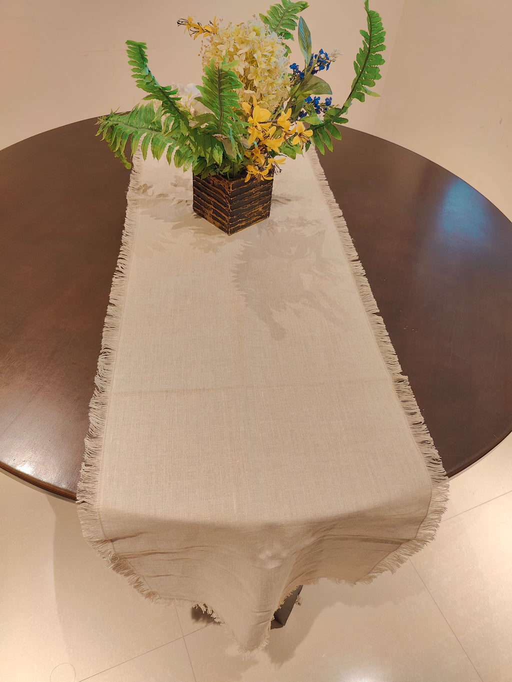 Beige Linen Table Runner with Fringe Detail