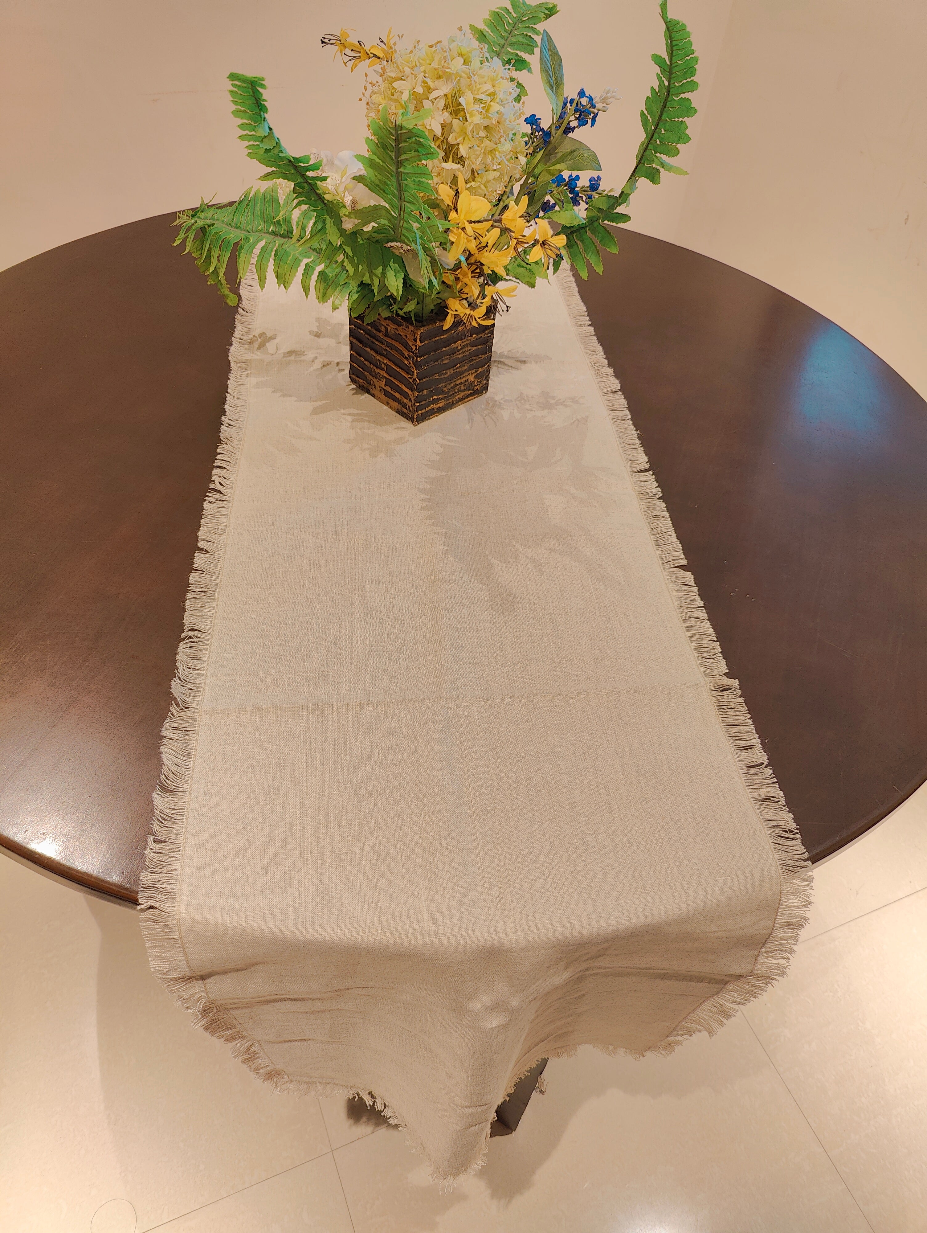 Beige Linen Table Runner with Fringe Detail