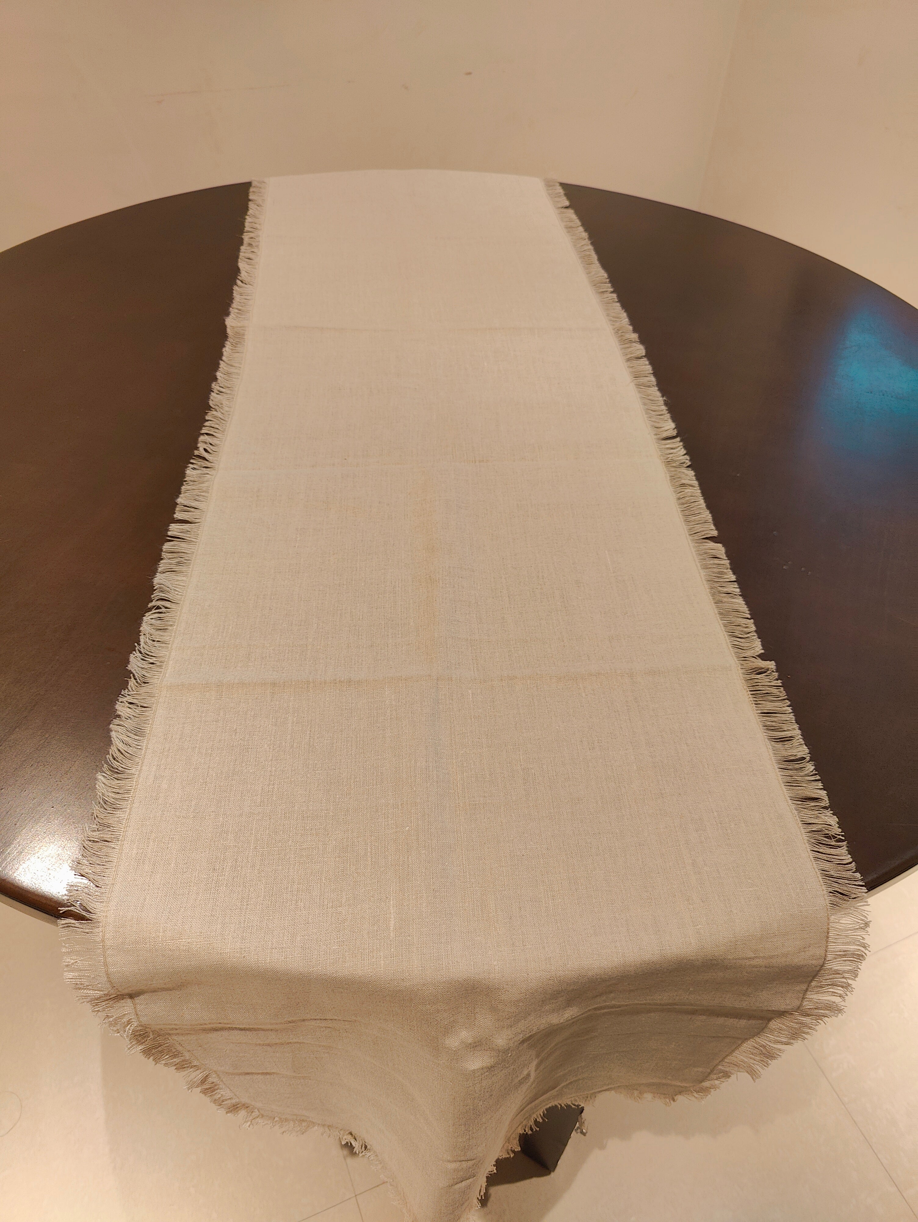 Beige Linen Table Runner with Fringe Detail