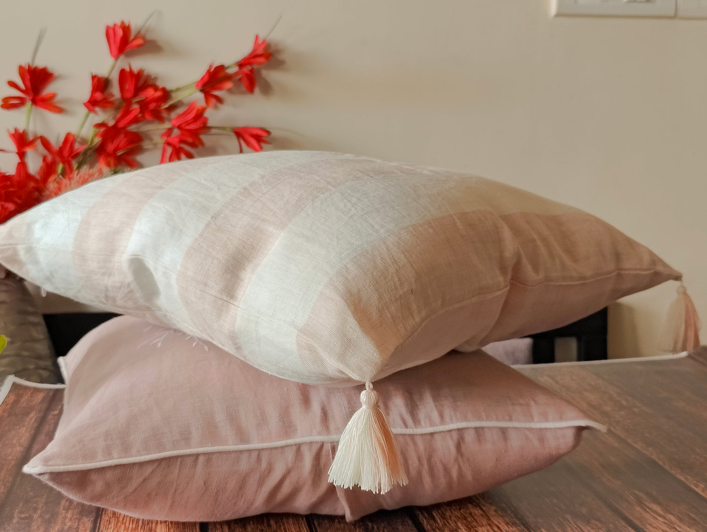 Linen Pink White Striped Linen Cushion Cover with Tassels, 100% Pure European Linen Cushion Covers