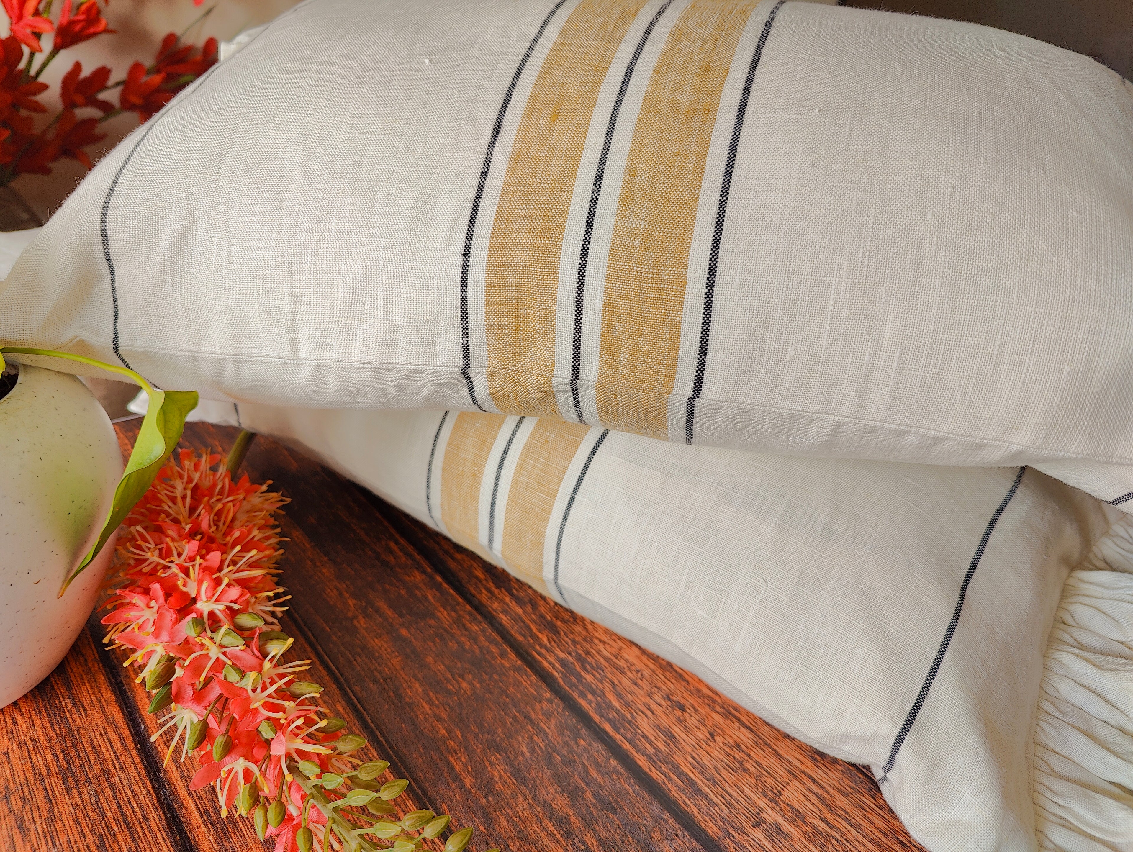 Amber & White Striped Ruffled Linen Cushion Cover