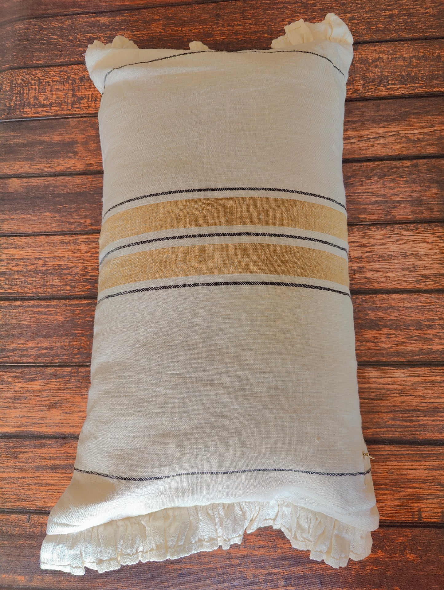 Linen Handmade Amber White Striped Ruffled Rectangle Cushion Cover, 100% European Linen Cushion Covers