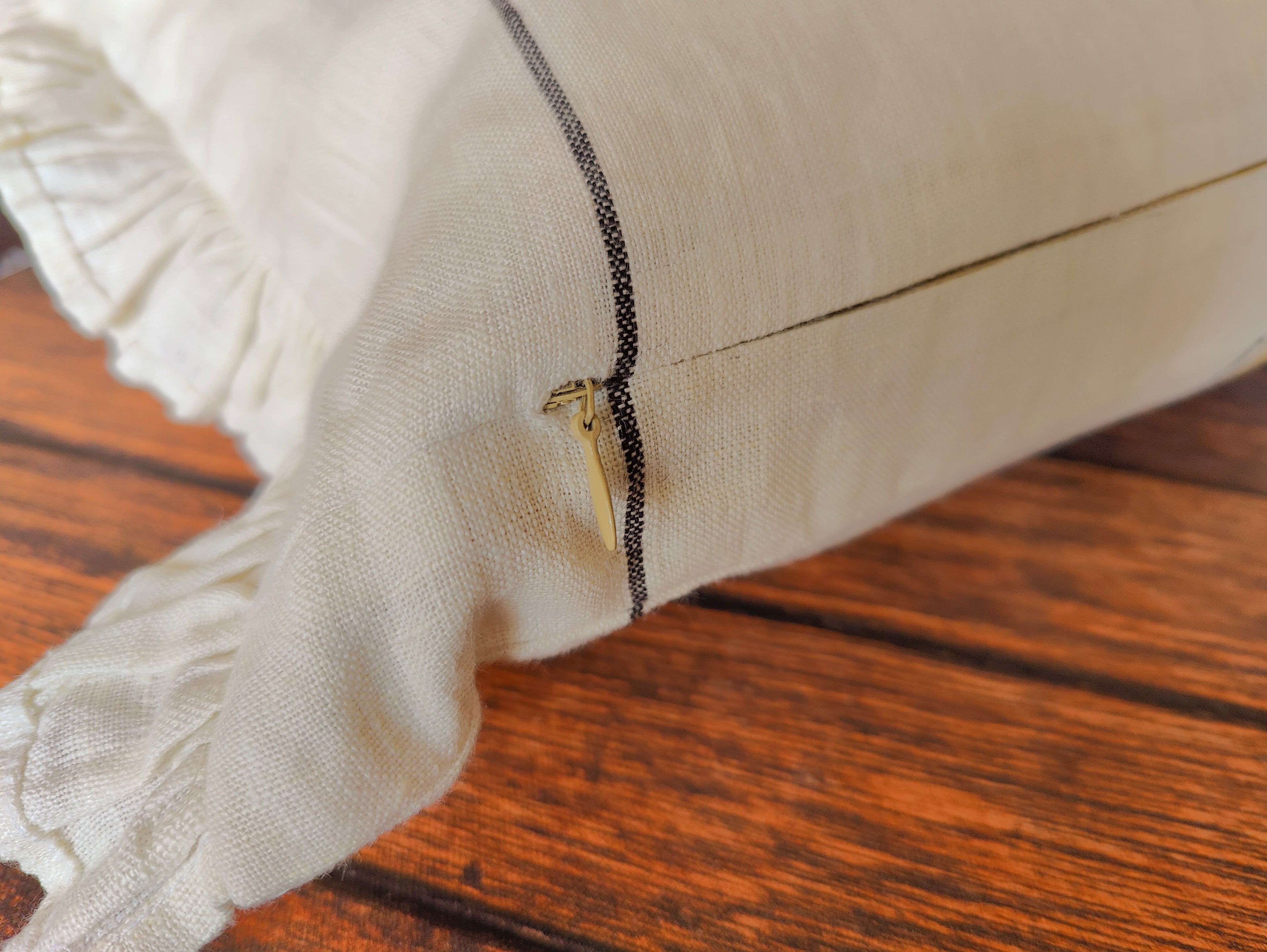 Amber & White Striped Ruffled Linen Cushion Cover