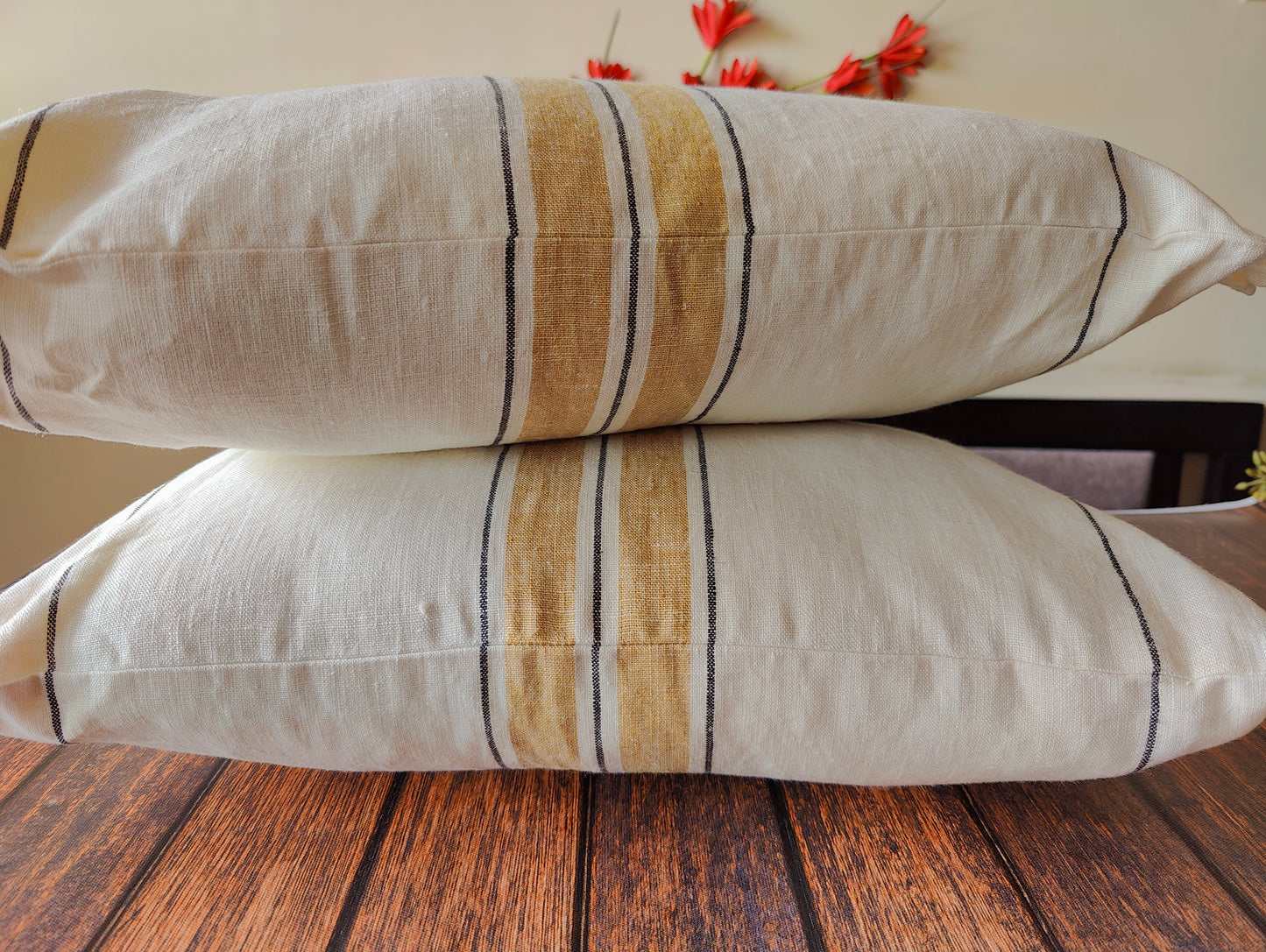 Linen Handmade Amber White Striped Ruffled Rectangle Cushion Cover, 100% European Linen Cushion Covers