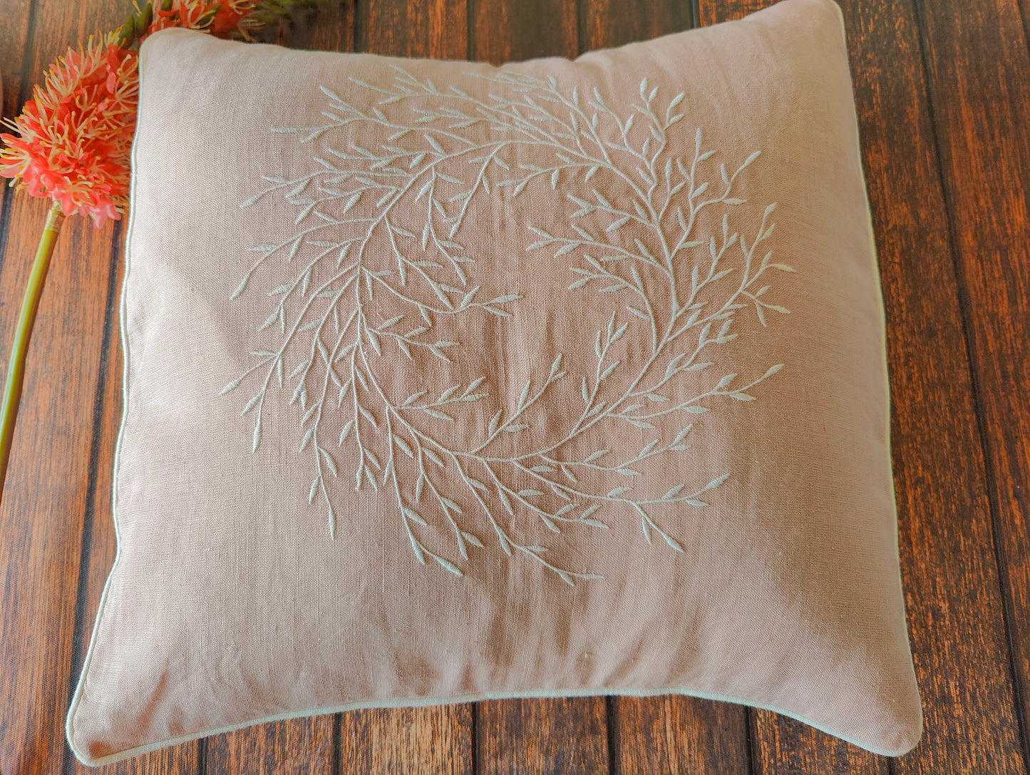 Linen Pink Hand Embroidered Floral Motif Linen Cushion Cover with Piping, 100% Pure European Linen Cushion Cover Handmade