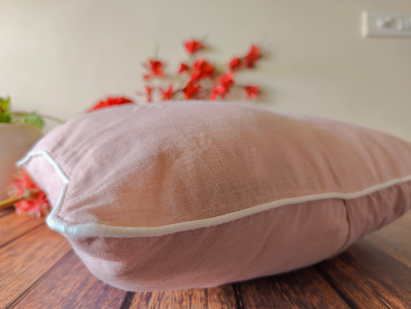 Linen Pink Hand Embroidered Floral Motif Linen Cushion Cover with Piping, 100% Pure European Linen Cushion Cover Handmade