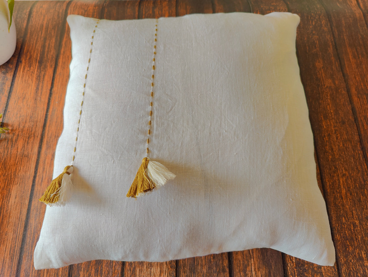 Pure Linen White Cushion Cover with Kantha Work & Tassels