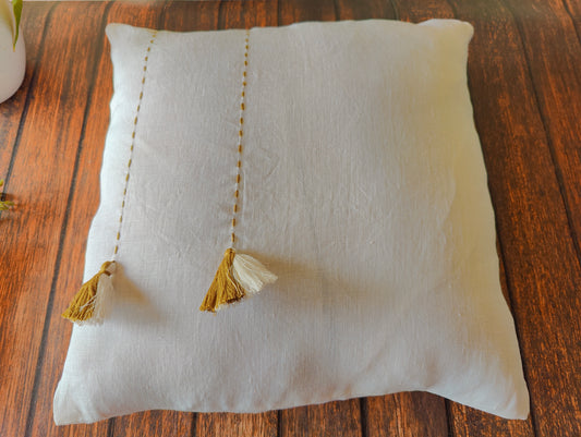 Pure Linen White Cushion Cover with Kantha Work & Tassels