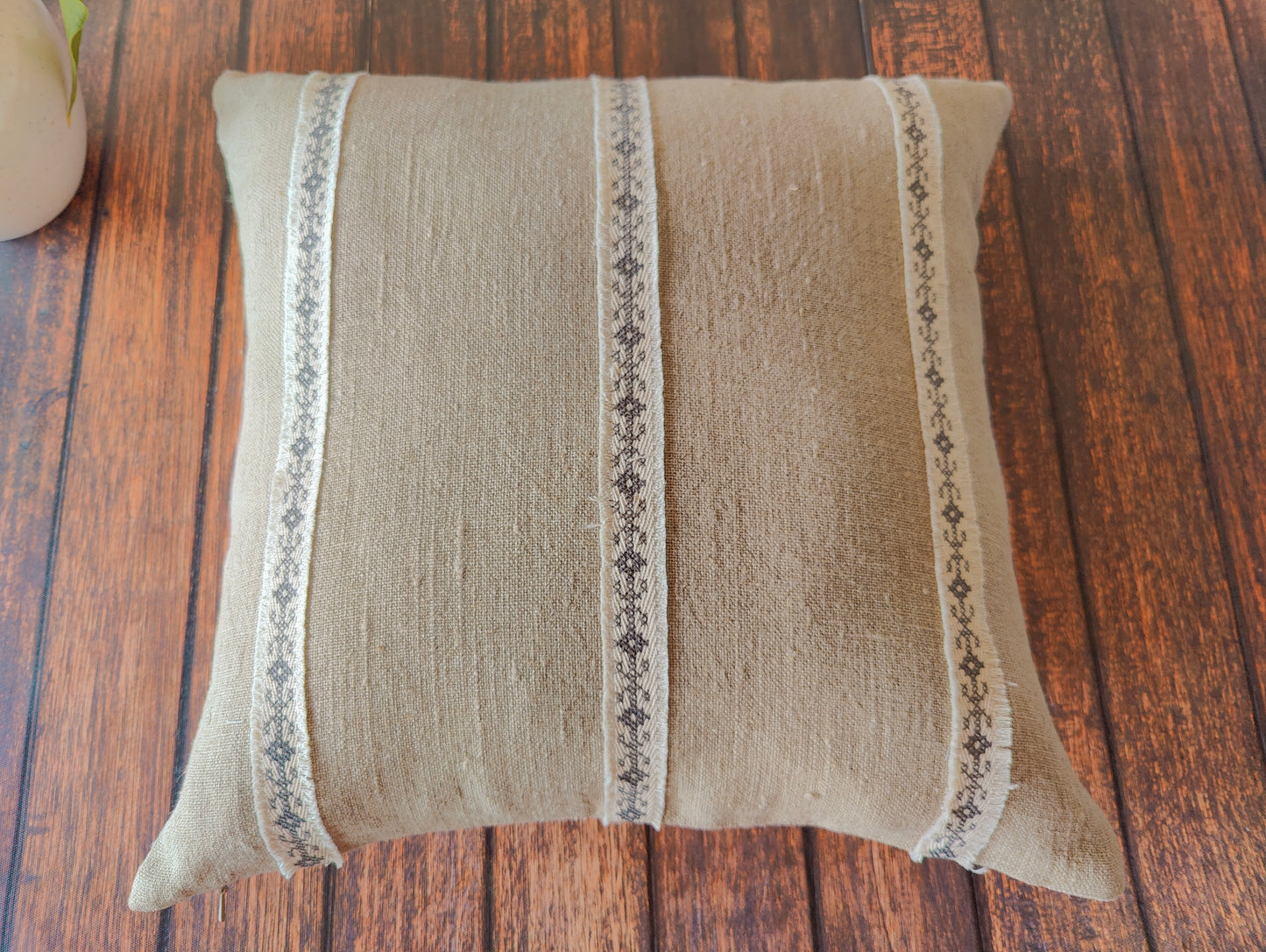 Natural Grey Pure Linen Cushion Cover with Lace work