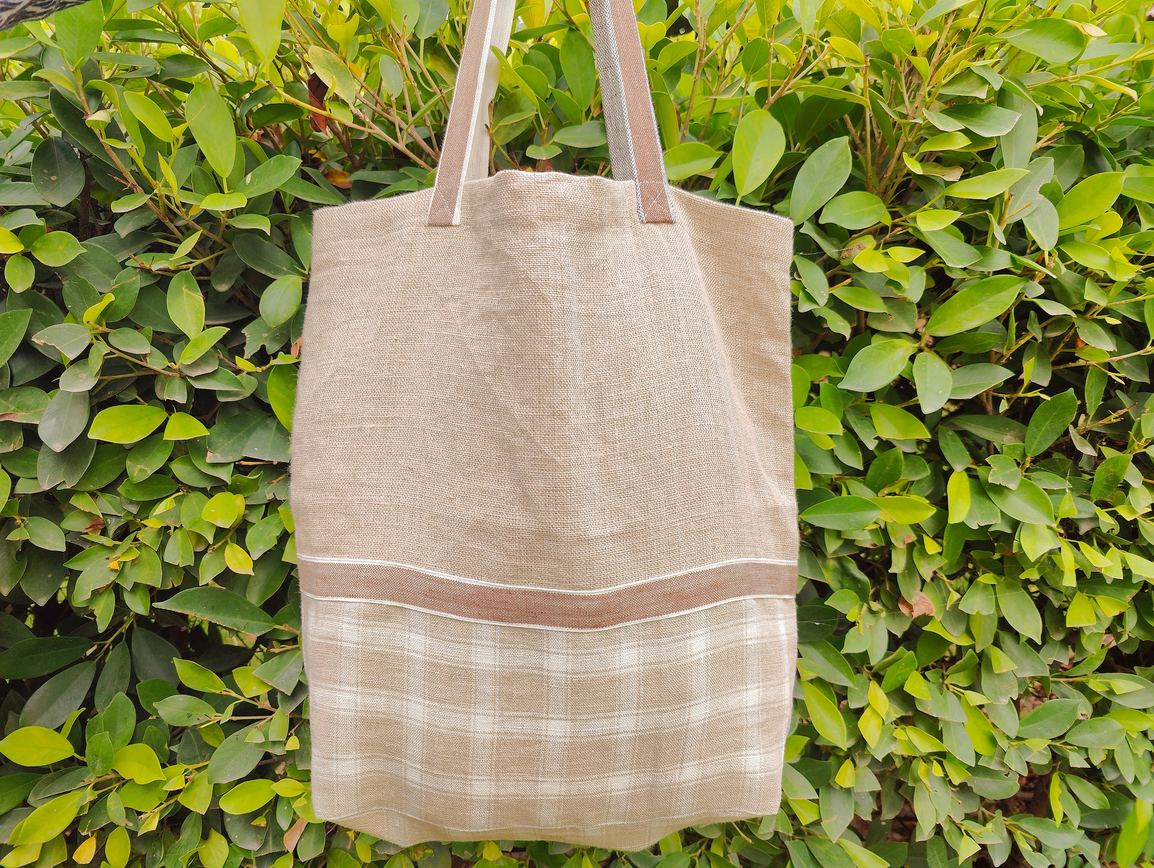 Brown & Beige Patchwork Linen Tote Bag