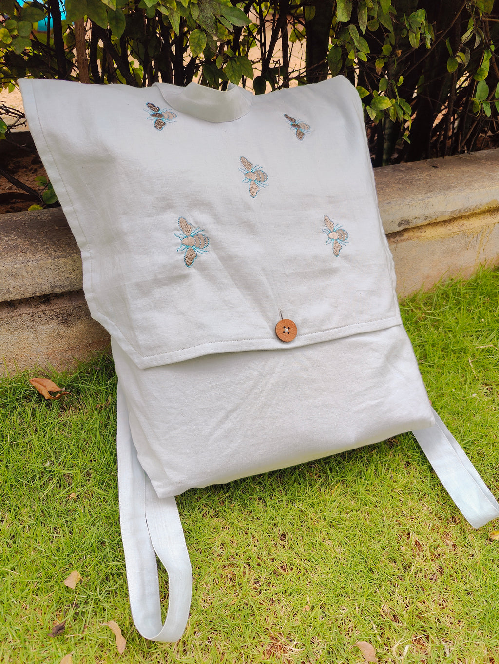 Honeybee Linen Backpack | Hand embroidered Travel bag, Daypack