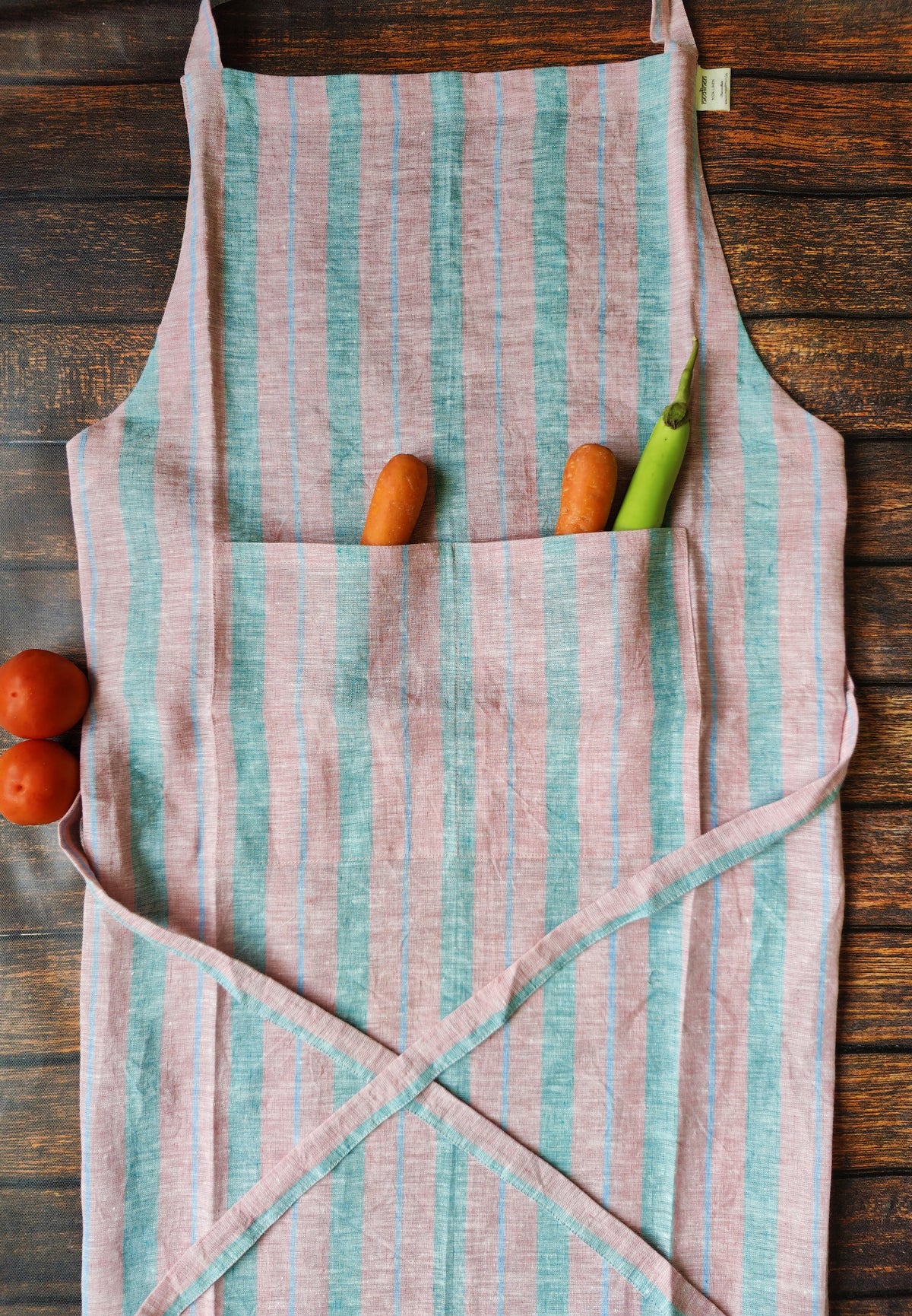 Pinafore Linen Apron with Pocket – Pink & Blue Stripe