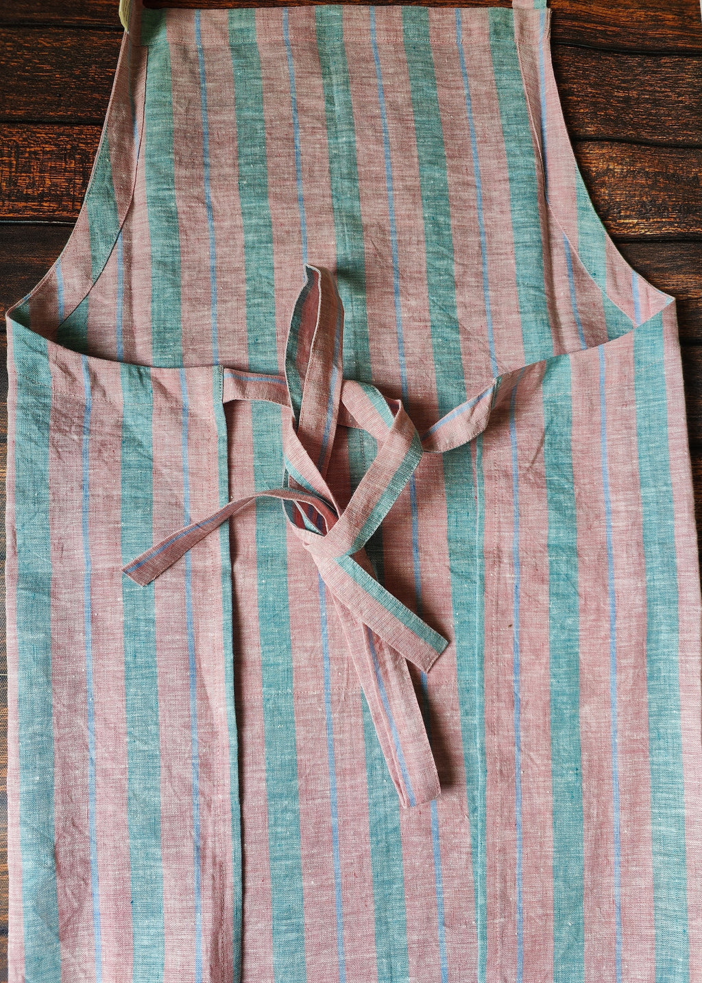Pinafore Linen Apron with Pocket – Pink & Blue Stripe