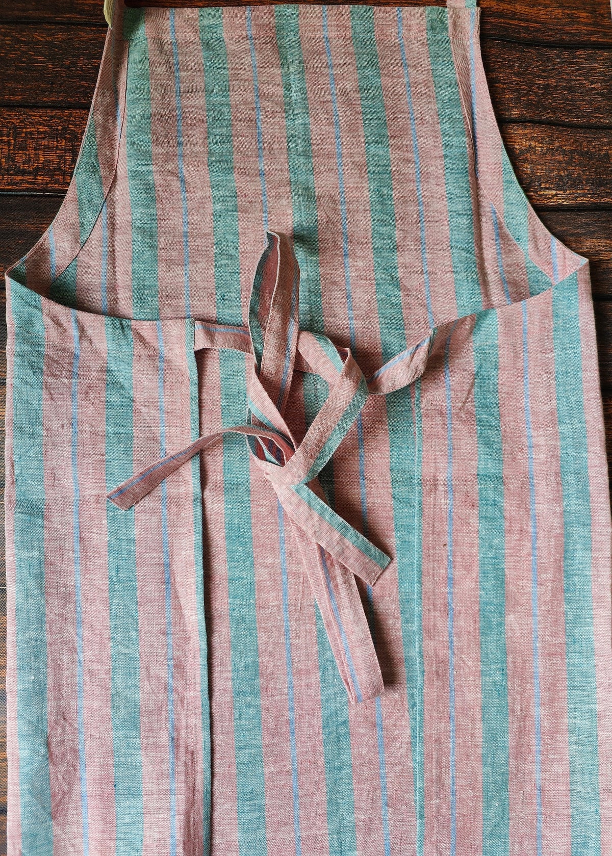 Pinafore Linen Apron with Pocket – Pink & Blue Stripe
