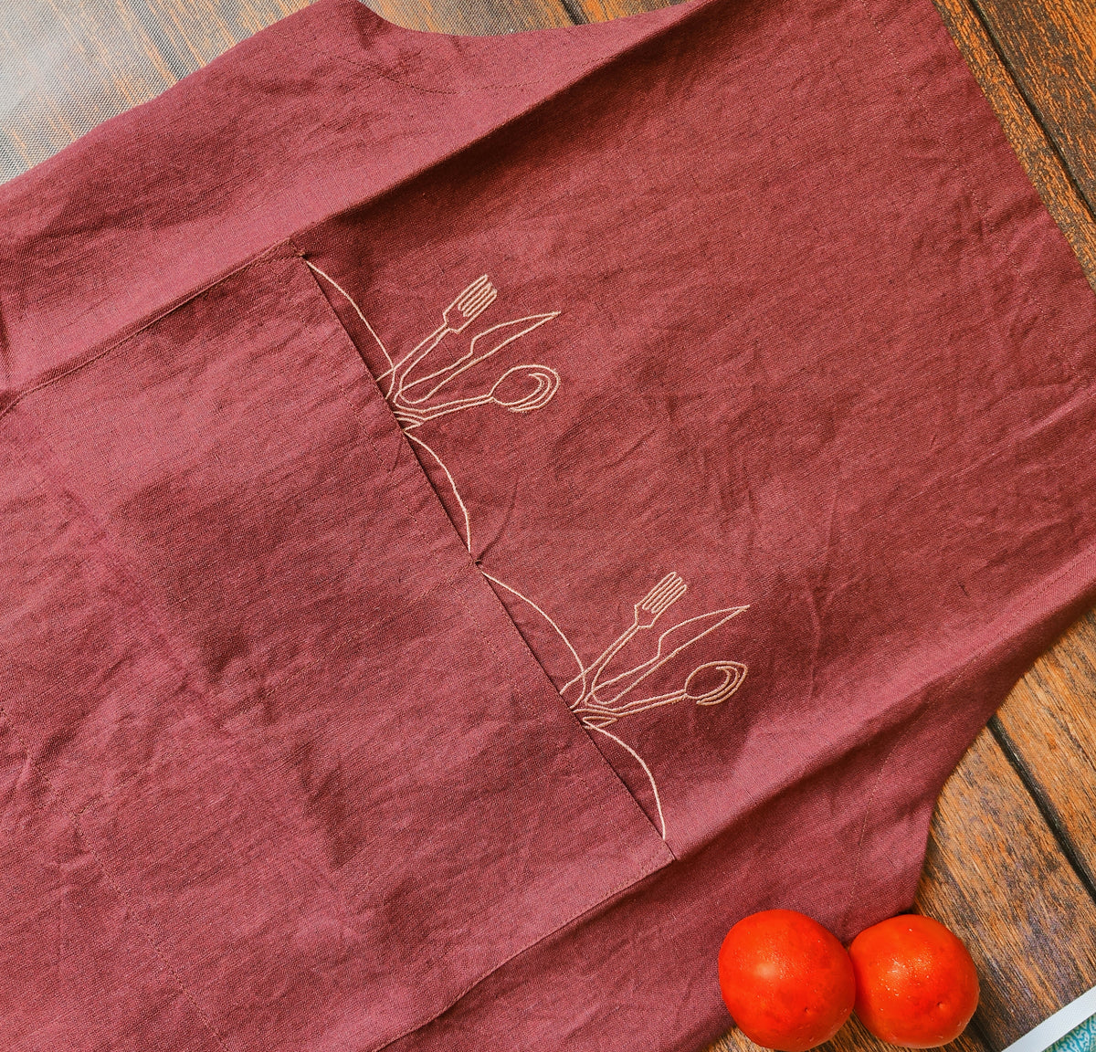 Plum Apron, Embroidered apron, Unisex Apron, Apron With Pocket, Linen Apron, Kitchen Apron