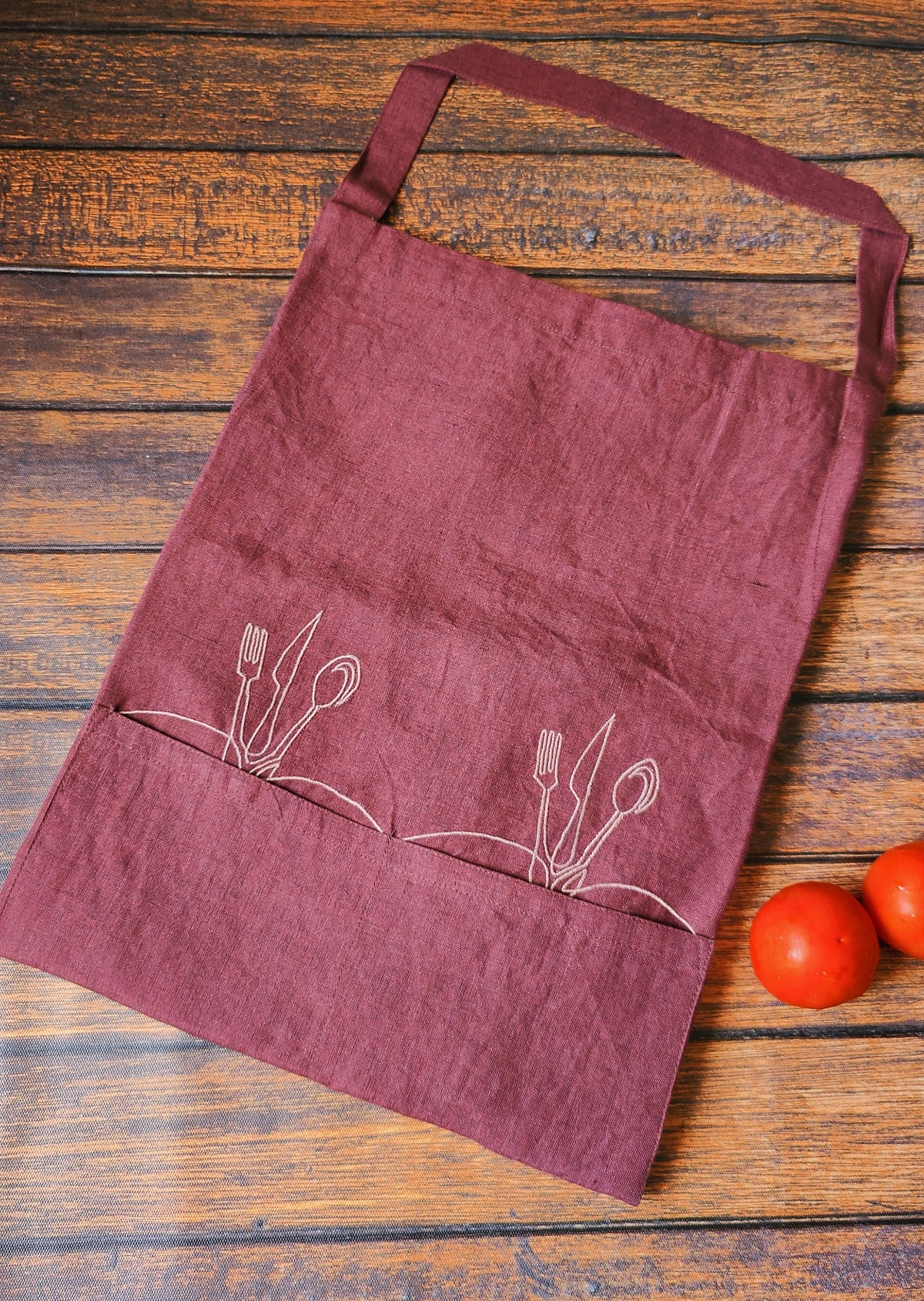 Plum Apron, Embroidered apron, Unisex Apron, Apron With Pocket, Linen Apron, Kitchen Apron