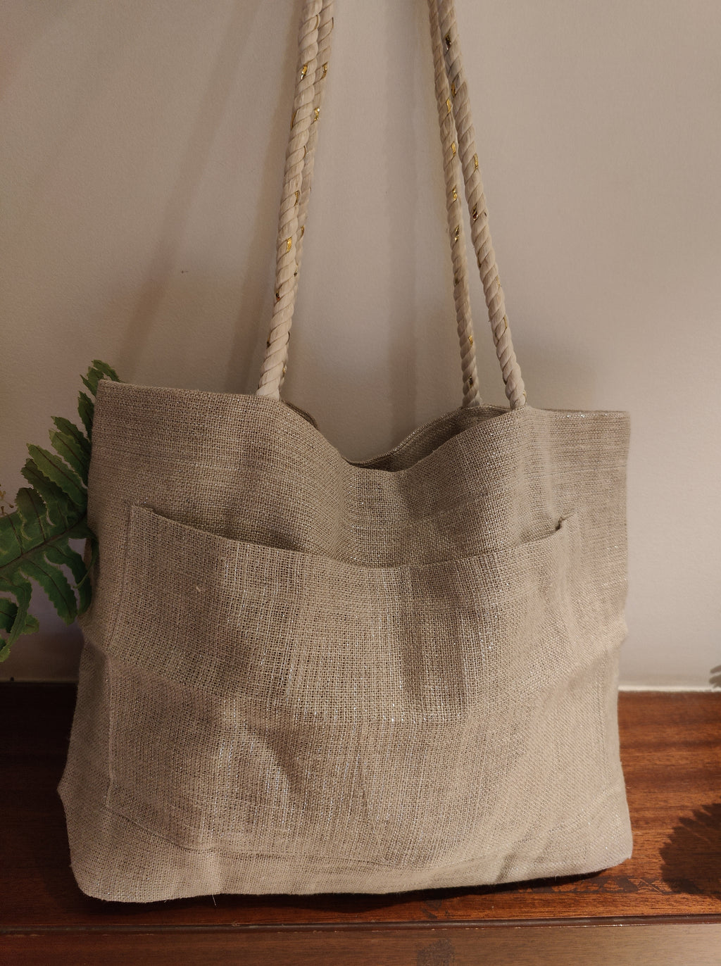 Grey Linen Tote Bag with Lurex Shimmer & Pocket