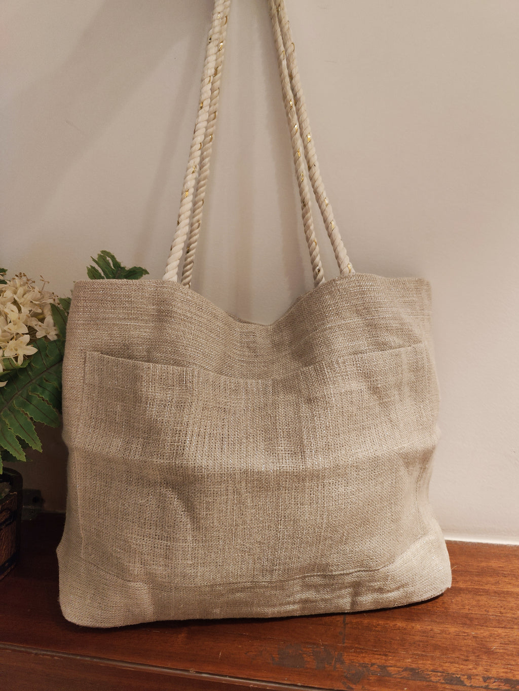 Grey Linen Tote Bag with Lurex Shimmer & Pocket