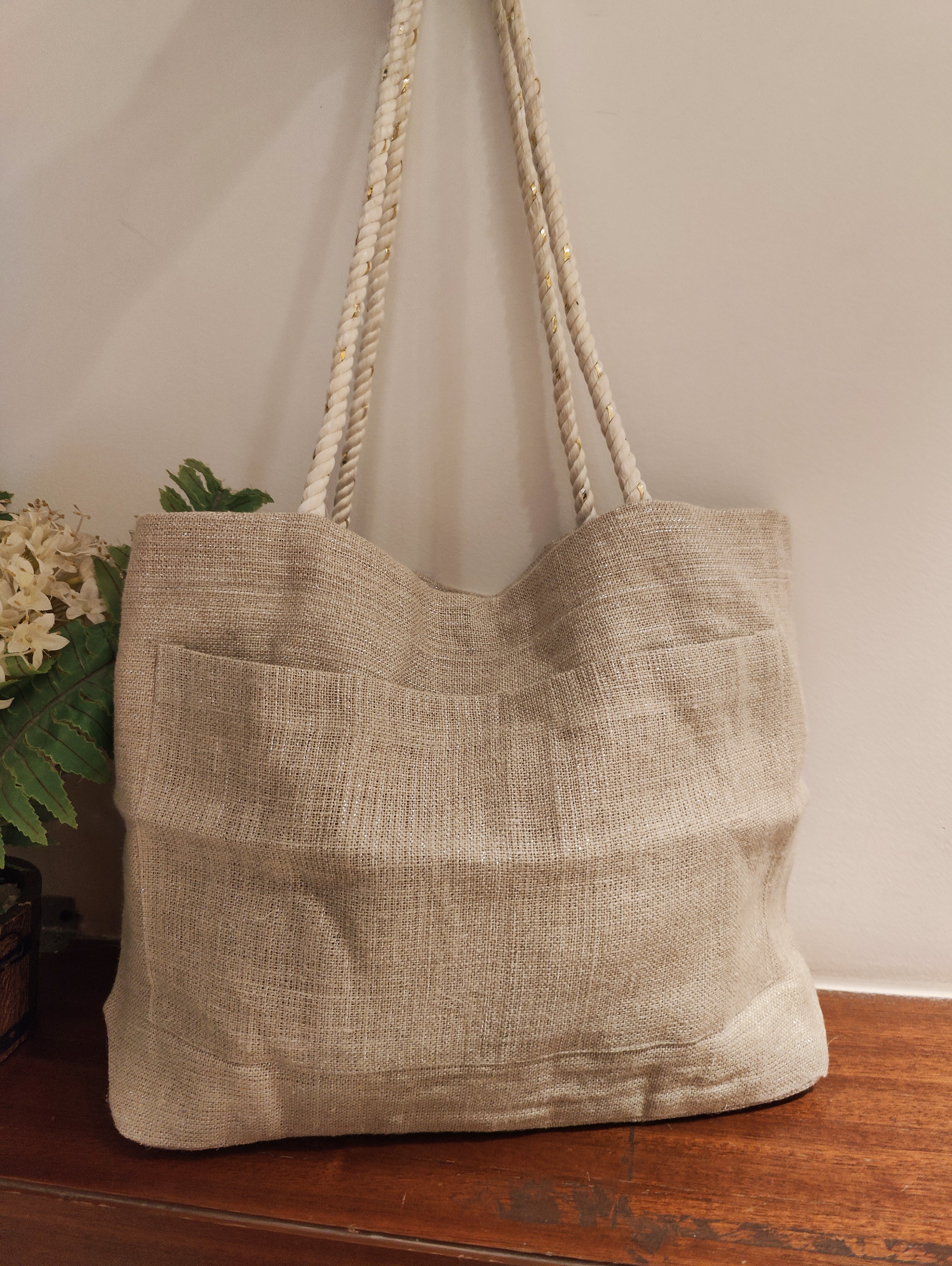 Grey Linen Tote Bag with Lurex Shimmer & Pocket