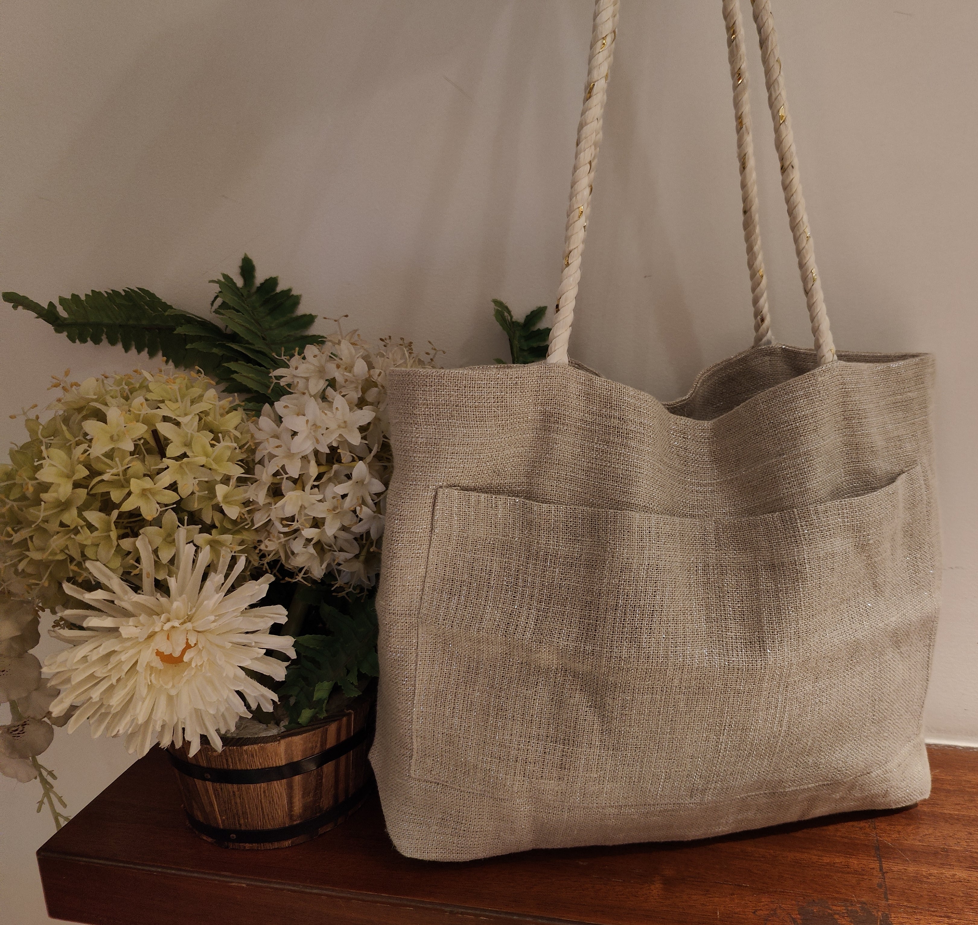 Grey Linen Tote Bag with Lurex Shimmer & Pocket
