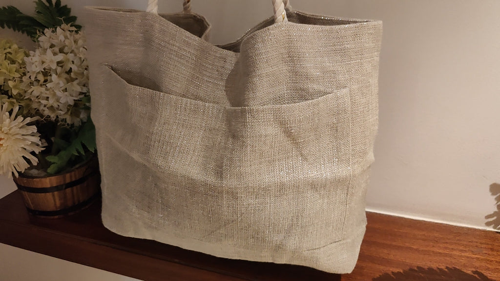 Grey Linen Tote Bag with Lurex Shimmer & Pocket