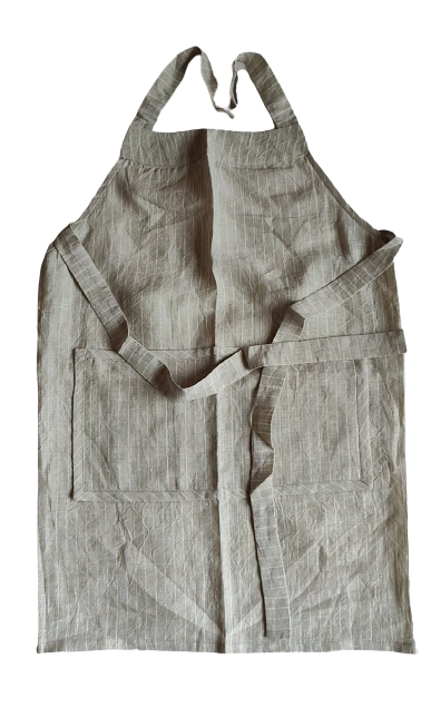 White & Beige Striped Linen Apron with Pockets